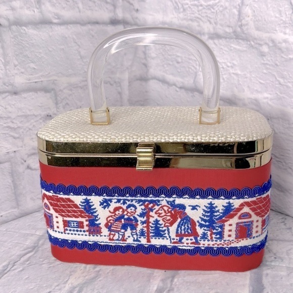 JR USA Handbags - Needlepoint Cosmetic Box JR Florida RARE Hansel Gretel Red Blue Clear Handle